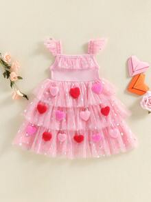 Toddler Girls Valentine's Day Layered Tulle Dress Flutter Sleeves Square Neck Heart Appliques Star Print A Line Dress - Hồng - Xem 5