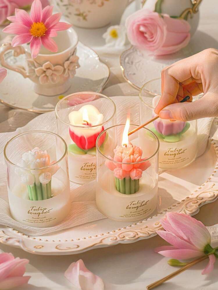 2pcs/1pc Tulip Shaped Scented Candle Gift Box, Decorative Candle To Create Ambiance, Suitable For Valentine's Day, Birthday, Wedding, Friendship, Graduation, Mother's Day, Lover's Gift - Multicolor - View 2