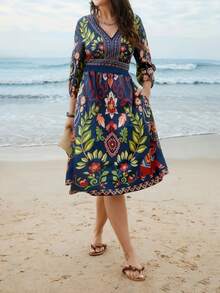 Plus Size Boho Print V Neck Midi Dress With Three Quarter Kimono Sleeves A Line Flared Hem For Summer Vacation Spring Elegant - Royal Blue - View 4