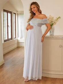 Joyfunear Pregnant Women's Off-Shoulder Sequin Contrast Mesh Long Dress