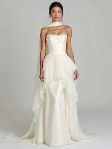 Modern Chic Strapless Satin Wedding Dress, Tiered Tulle, Bridal Gown, Wedding Dresses For Bride, Elegant And Comfortable, Suitable For Wedding, Party, Vacation, Bride, Formal Occasions, Dinner Dress, Prom Dress, After-Party Dress, Homecoming Dress, Cocktail Party, Birthday Party, Ceremony - 白色 - 查看 1