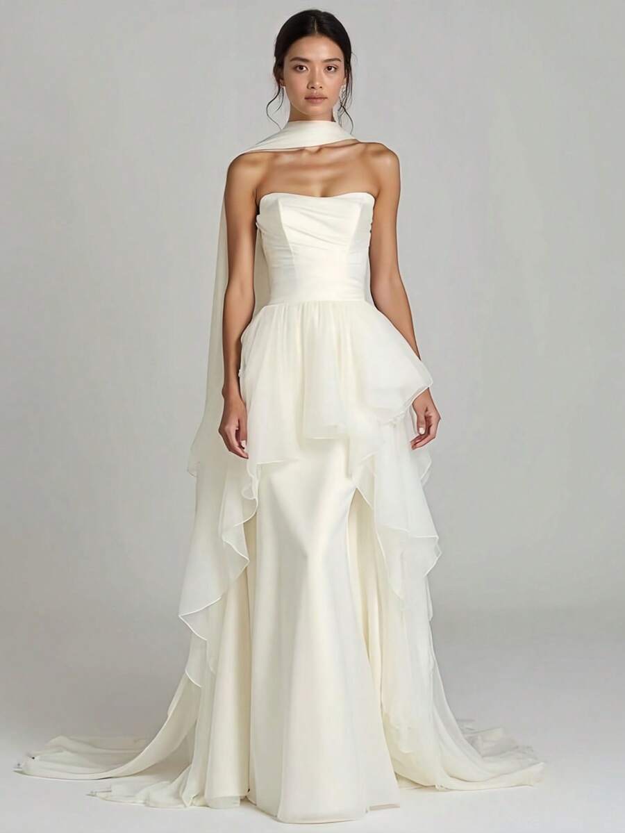 Modern Chic Strapless Satin Wedding Dress, Tiered Tulle, Bridal Gown, Wedding Dresses For Bride, Elegant And Comfortable, Suitable For Wedding, Party, Vacation, Bride, Formal Occasions, Dinner Dress, Prom Dress, After-Party Dress, Homecoming Dress, Cocktail Party, Birthday Party, Ceremony - 白色 - 查看 1