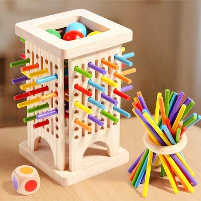 三合一儿童木制拼图斜塔、彩色绘画棒、亲子早教互动玩具、感官统合训练游戏、逻辑思维游戏、专注力及手眼协调练习、颜色配对
