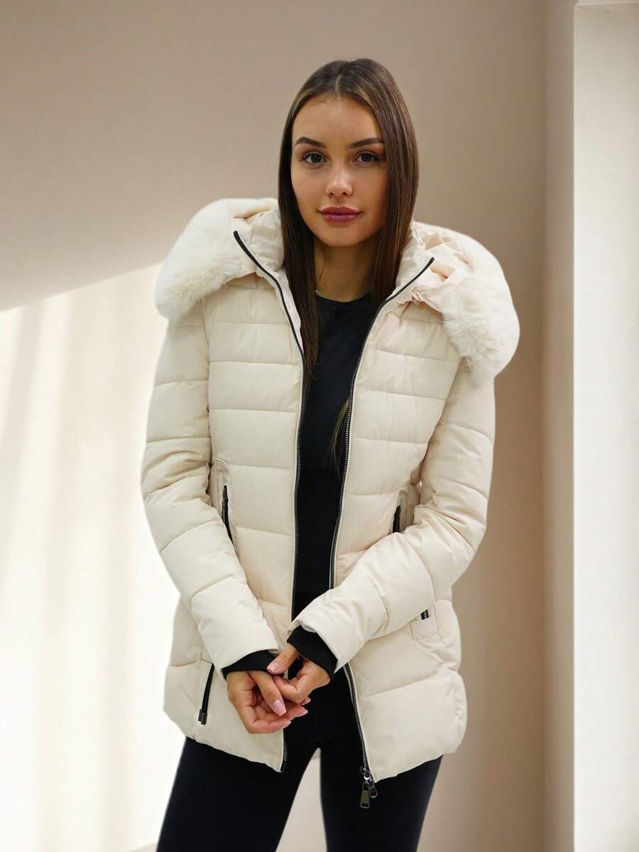 Women's Solid Color Minimalist Hooded Long Sleeve Coat - White - View 1