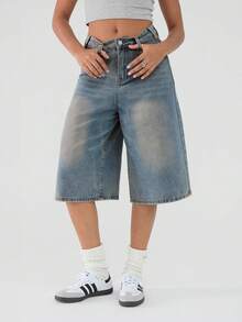Valentine's Day Women Jean Jorts Baggy Loose Fit Jean Shorts 2026 Summer Wide Leg Long Denim Shorts Y2K Clothes - 中等水洗藍 - 查看 3