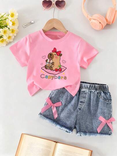 Toddler Girls' Cartoon Print Short Sleeve Top And Denim Shorts Set