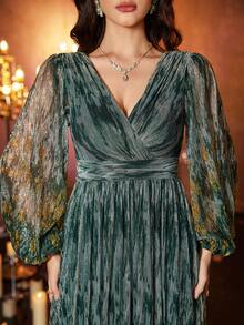 UNITHORSE [Random Cut] Women's Elegant V-Neck Long Sleeve Waist Decorated Evening Gown Dress - Dark Green - View 6