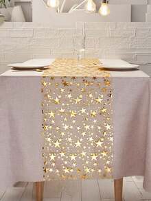 Golden Star Table Runner,Golden Foil Star Table Runner,Bling Star Table Runner Glitter Metallic Table Runner,Thin Mesh Tabletop Centerpiece Decoration For Home Holiday Birthday Party Dinner,Valentine's Day Decorations,Valentine's Day Gifts Decorations,Restaurant Decoration, Hotel Decoration, Bedroom Decoration, Living Room Decoration; - Gold - View 5