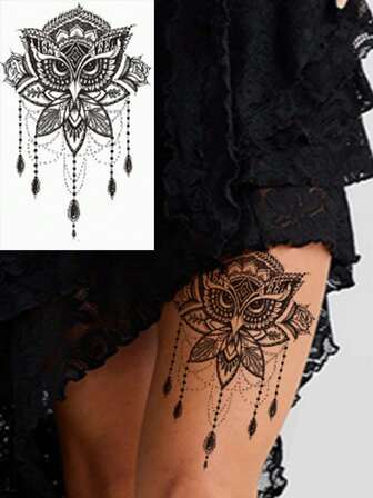 1pc Owl Temporary Tattoo, Owl Chain Waterproof Fake Tattoo, Lasts 3-5 Days, Body Decorative Sticker Can Cover Scars, For Chest, Waist, Arms, Thighs, Calves, Wrists, Shoulders, Neck, Ankles Or Back, Suitable For Parties, Gifts, Vacations, Easy To Apply And Remove Disposable Tattoo Sticker