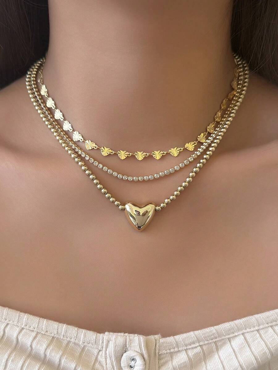 Set de 3 collares elegantes con decoración de corazón, cuentas doradas de CCB y multicapa, collar de cadena con strass adecuado para uso diario, citas, fiestas y regalos de vacaciones para mujeres - Amarillo Oro - Ver 1