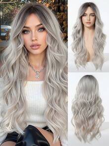 1 Piece Synthetic Heat-Resistant Hairpiece In Curly Gradient Pink Wig, 28 Inches Long, Made From Fiber, Suitable For Daily Use, Natural And Realistic Hairpiece. - Gray Ombre - View 6