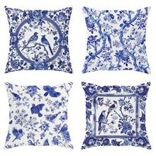 4-Pack Chinoiserie Throw Pillow Covers, 18x18 Inch, Blue And White Floral Bird Tree Pattern, Contemporary   Decorative Pillowcases, Zipper Closure, Machine Washable For Living Room Sofa Bed Decor - Polyester - A - 查看 1