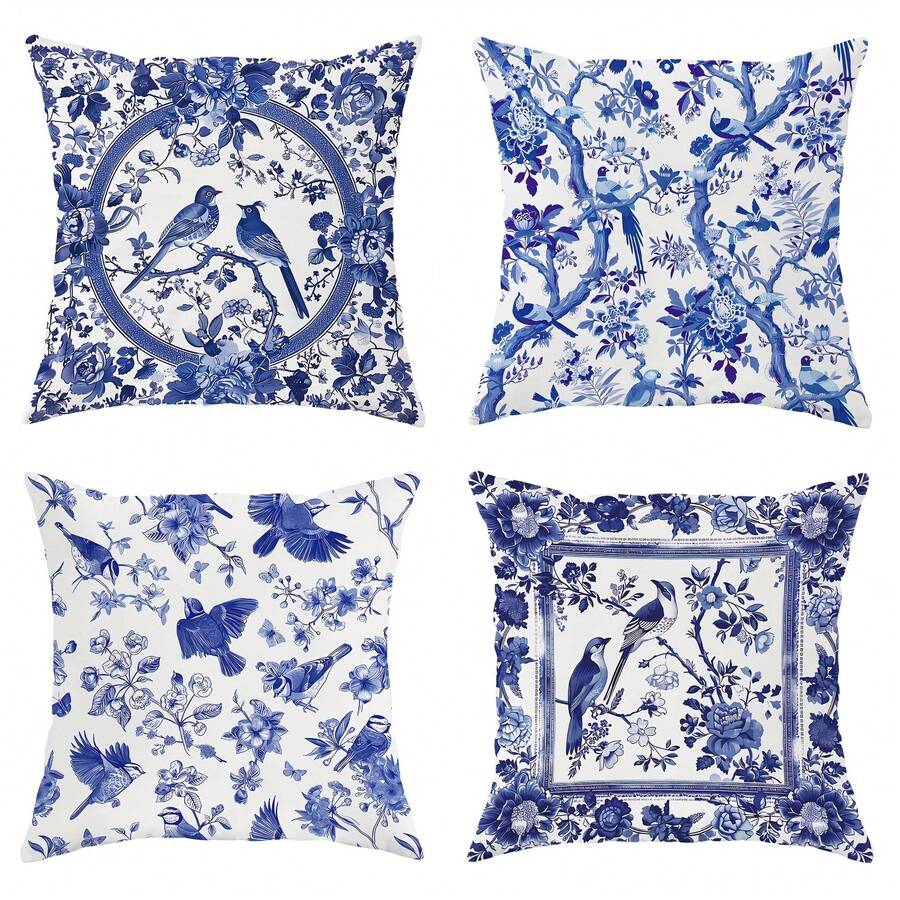 4-Pack Chinoiserie Throw Pillow Covers, 18x18 Inch, Blue And White Floral Bird Tree Pattern, Contemporary   Decorative Pillowcases, Zipper Closure, Machine Washable For Living Room Sofa Bed Decor - Polyester - A - 查看 1