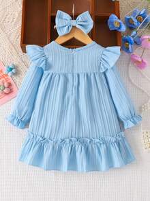 Baby GirlSweet Princess Style Light Blue Ruffle Trim 3D Floral Decor Long Sleeve Dress, Spring/Autumn - Baby Blue - View 2