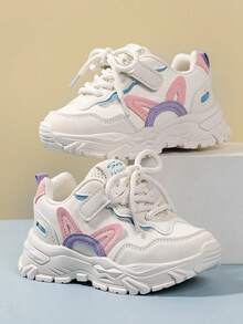 儿童运动鞋，女童真皮魔术贴多功能休闲厚底运动鞋，中童及大童轻便跑步鞋，婴儿软底幼儿鞋 - 粉色 - 查看 1