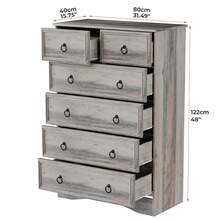 Grey 6 Drawers Dresser, Light Rustic Oak Dresser, Tall Wood Chest Of Drawers, Storage Organizer For Clothes, Grey Vintage, For Living Room, Bedroom, Hallway - Grey - View 3