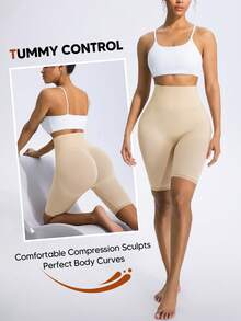 Quần short định hình dáng người, cạp cao, không đường may, màu trơn, kiểu dáng thường ngày dành cho nữ. - Màu be - Xem 5