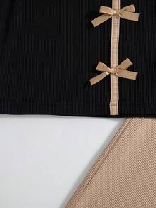 2 Stück Mädchen Casual Ausgehmode Kontrast Farbe Rundhals 3D Schleife Dekor Ärmellos Top und Fake Kordelzug Lang Hose Set, Sommer - Khaki - Übersicht 6