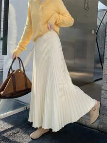Versatile High Waist Pleated A-Line Skirt, Casual Flared Long Skirt, Autumn/Winter 2025 New Arrival - Apricot - View 8