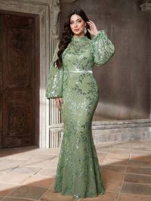 Mgiacy Nowa Elegancka Suknia Wieczorowa Plus Size z Dekoltem w Serek i Cekinami, Prześwitujący Pas w Talii, Rękawy Latarnia, Dopasowany Suknia z Ogonem Rybim - Zielony - Zobacz 3