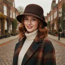 Womens Cloche Hats Stylish Solid Color Decorative Bow Bucket Hat Round Top Short Brim Church Cap - 咖啡色 - 查看 2
