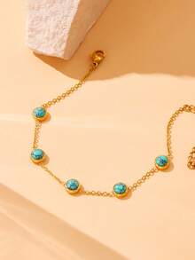 1 Set Stainless Steel Round Turquoise Pendant Bohemian Style Gold Necklace Bracelet Earrings Jewelry Set, Suitable For Daily Wear And Gift - Yellow Gold - View 5