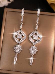 LXOEN 1對豪華幾何水滴閃亮AAA立體切割立方鋯耳墜，精緻長款垂飾新娘婚禮巨大耳環