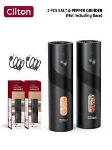 CLITON 2pcs Electric Salt And Pepper Grinder Set - Automatic Salt And Pepper Grinder Set, Rechargeable - Electronic Salt And Pepper Shakers With LED Light, Electric Pepper Mill And Salt Grinder, One-Handed Operation, Automatic Grinder With Charging Base And LED Light