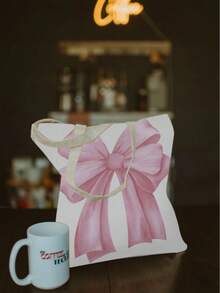 Pink Bow & Lip Print Print Double-Sided Printing Tote Bag,Polka Dots Paintings Pattern Grocery Bag,Boho Academy Style Shopping Bag,Fall Thanksgiving Gifts,Suitable For Daily Use, Picnics And Beach Vacations, Work, School, Gifts16in*14in