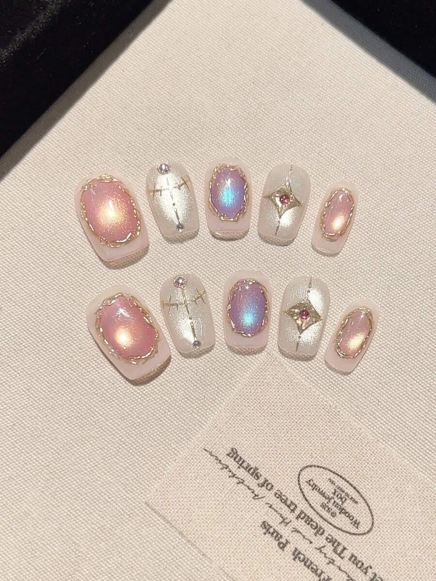 10片装[Athena]Y2K手工美甲贴纸，包含超大猫眼、星座和星星图案，适合女性和女孩。白色美甲贴纸，百搭风格，适合派对和校园妆容，附赠2片果冻胶和1片防滑胶带。