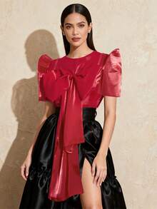Amyenjoylife 现代菲律宾风情上衣，红色泡泡袖浪漫蝴蝶结衬衫 - 紅色 - 查看 5