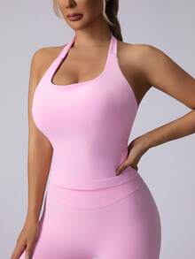 无缝长款吊带运动背心 女款 内置胸垫 可拆卸胸垫 运动瑜伽背心 - 粉色 - 查看 11