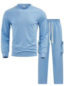 Herren Einfarbiger Langarm Sweatshirt und Lässig Cargo Hose Set, Herren 2 Stücke Set, Herren 2 Stücke Outfits, den ganzen Tag gemütlich und stylisch, Wochenendtrips, Outdoor-Aktivitäten, Reiseexpeditionen, Geschenk für Freund/Ehemann, Jahrestags-Geschenk - Babyblau - Übersicht 3