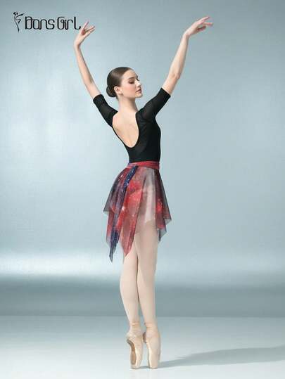 DonsGirl 1 Piece Women's Ballet Tutu Skirt, With Starry Sky Pattern, Waist-Cinching Bow Tie Belt, Semi-Long Irregular Designed,Suitable For Figure Skating, Dance Performances And Daily Wear