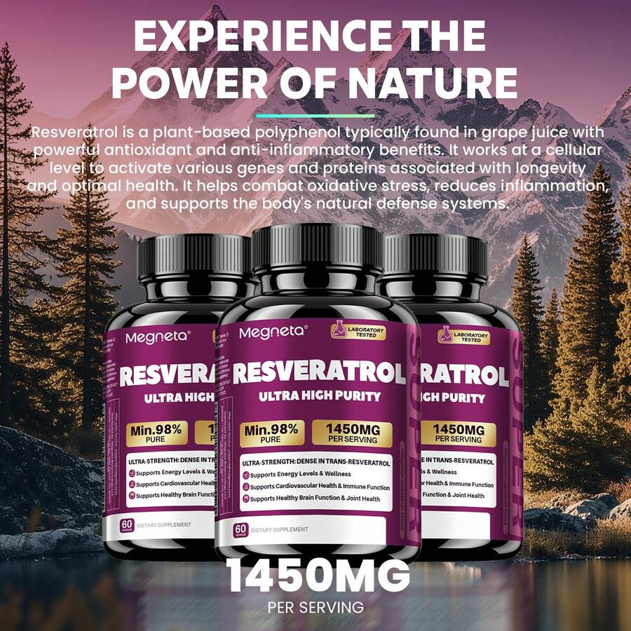 MEGNETA 1450mg High-Potency Resveratrol Supplement | Anti-Aging Antioxidant Support, Free Radical Defense, Brain Clarity & Cellular Energy | Collagen + NAD+ Boost, Gluten-Free For Men & Women | 60 Capsules (30 Servings) - Free Shipping, Quick Ship Items - One bottle - Trial stage - 查看 1