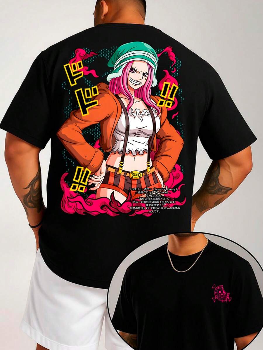 Men's T-Shirt "Anime Jewelry Bonney" Streetwear Minimalist 100% Cotton Front And Back - Black - View 1