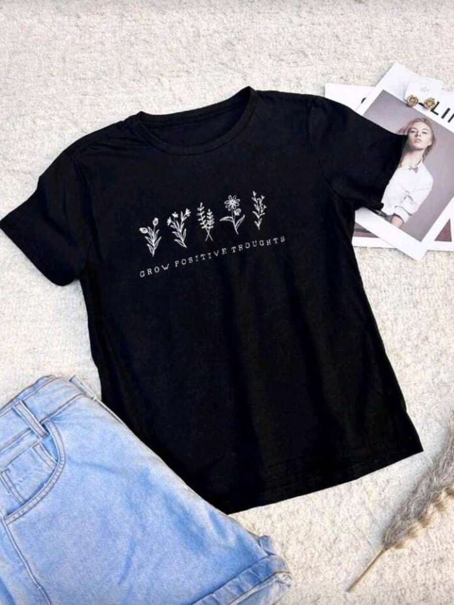 Camiseta Básica Masculina Unissex Streetwear Camisa T-Shirt Slim Algodão FLORES - Preto - Visão 1