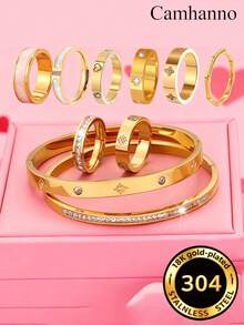 Camhanno 10/1-częściowy zestaw złotej biżuterii, lekki, luksusowy, elegancki zestaw biżuterii ze stali nierdzewnej, impreza, spotkanie, wieloelementowy, przyciągający wzrok styl, zróżnicowany design staje się przyciągającym wzrok punktem na imprezie - Złoto - Zobacz 3