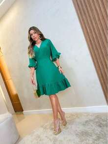 Duna Wave Short Dress With Ruffle Sleeves And Lining - Green - View 5