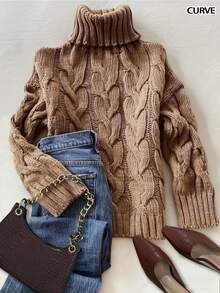 Sweater Rajut Lengan Panjang Berkerah Tinggi Bertekstur Motif Sisal Cokelat, Nyaman, Kasual, Elegan, Modis untuk Musim Gugur dan Musim Dingin. - Coklat - View 1