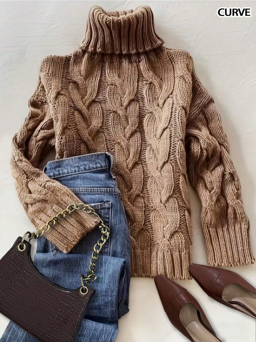 Sweater Rajut Lengan Panjang Berkerah Tinggi Bertekstur Motif Sisal Cokelat, Nyaman, Kasual, Elegan, Modis untuk Musim Gugur dan Musim Dingin. - Coklat - View 1