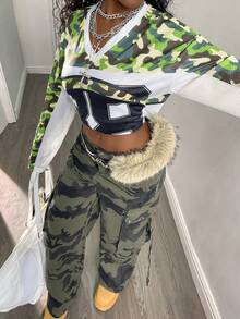 女士超大款迷彩撞色长袖T恤，透气网眼面料，88数字印花，宽松显瘦，美式风格 - 彩色 - 查看 5