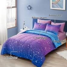 DJY 6/7 Pieces Comforter Sets Full Size Colorful Ombre Blue Purple Rainbow Bedding Set Bed In A Bag  (1 Comforter, 1 Flat Sheet, 1 Fitted Sheet, 2 Pillow Shams, 2 Pillowcases),Christmas Day Gifts - 藍紫色01 - 查看 1
