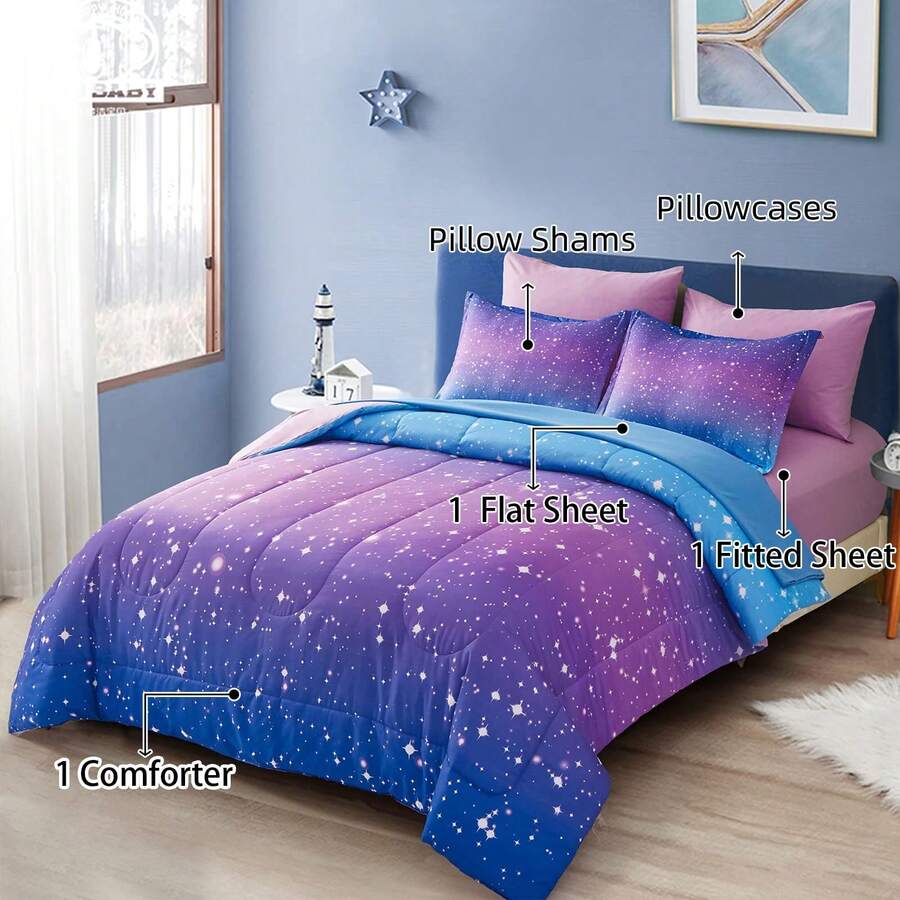 DJY 6/7 Pieces Comforter Sets Full Size Colorful Ombre Blue Purple Rainbow Bedding Set Bed In A Bag (1 Comforter, 1 Flat Sheet, 1 Fitted Sheet, 2 Pillow Shams, 2 Pillowcases),Christmas Day Gifts - 藍紫色01 - 查看 1