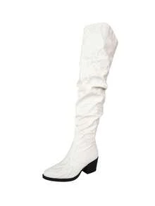 Women's Embroidered Ruched Western Floral Pattern Chunky Heel V-Cut Boots