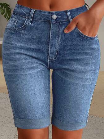 Damjeans med smala, stretchiga denim- och cykeldetaljer i tvättad modell med fickor