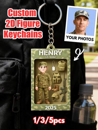 1/3/5 st anpassad soldatnyckelring 2025, personlig militär souvenir i akryl, present till veteraner, aktiv militär och soldater, kan anpassas med namn och foto, kan användas som julgransdekoration, souvenir, utplaceringspresent, juldekoration, tacksägelsepresent, nyårspresent, festdekoration, julklapp till flickvänner, rumsdekoration, julprydnad, present till kvinnor, akrylnyckelring
