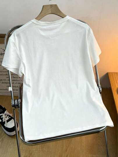 樱桃印花图案T恤，可爱卡通短袖圆领上衣，休闲日常穿着