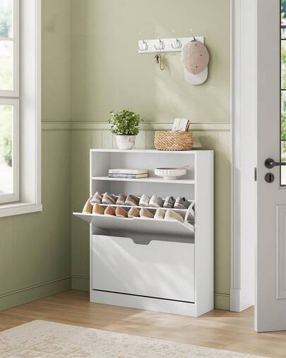 Shoe Cabinet 2 Flip Doors, 3 Tier Shoe Rack, With 1 Open Compartment, Adjustable And Removable Divider, For 11-16 Pairs Shoes, For Narrow Entrance, 24 X 80 X 102 Cm, Cloud White