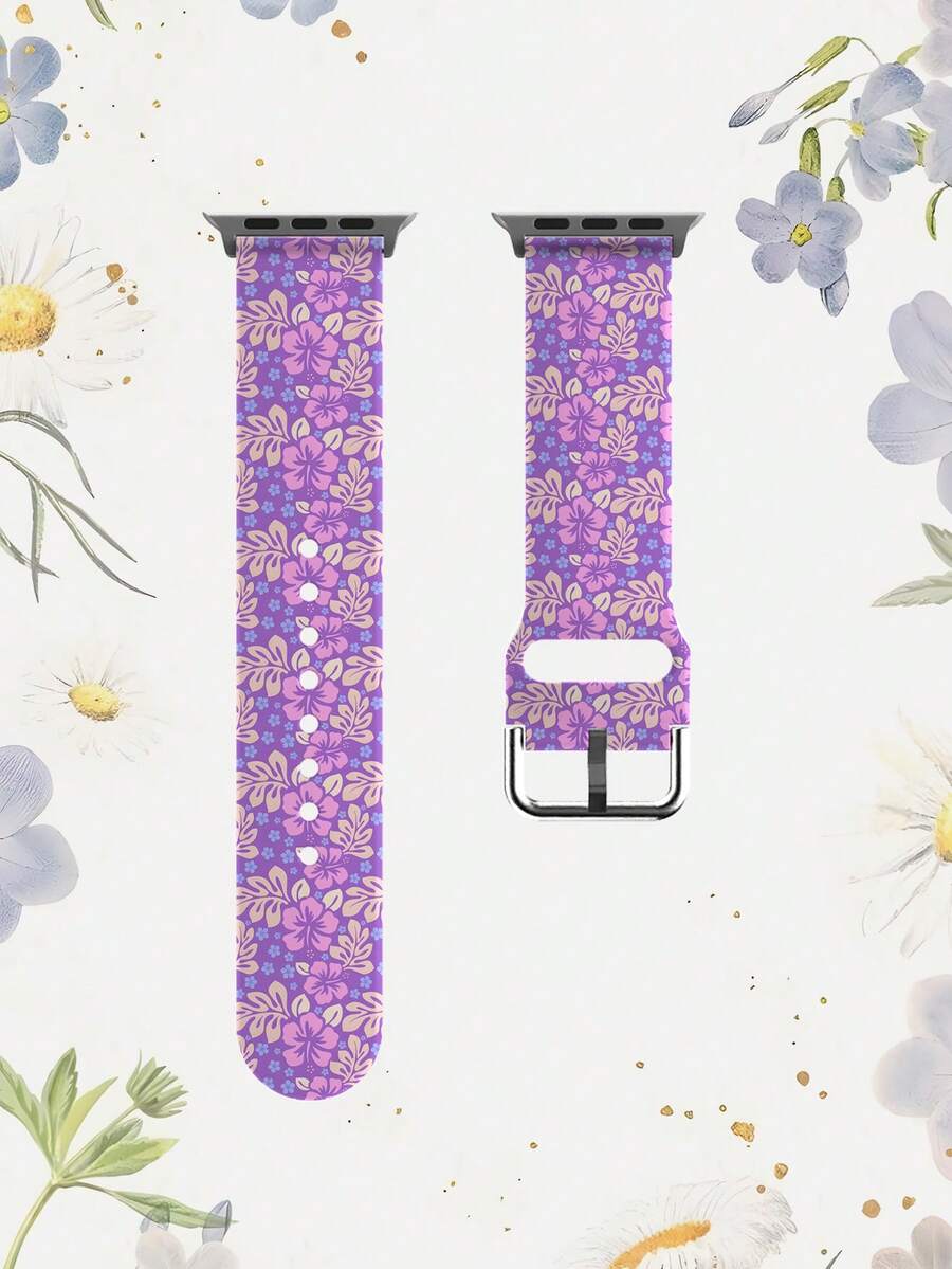 1pc Soft Elastic Breathable Hibiscus & Small Blue Flower Replacement Wristband Strap For Apple Watch 38mm 40mm 41mm 45mm 44mm 42mm 49mm, Floral Pattern Daily Casual Silicone Watch Band Compatible With Apple Watch Ultra Series 11/10/SE/9/8/7/6/5/4/3/2/1 Smartwatch Accessories, Gift - Multicolor - View 1